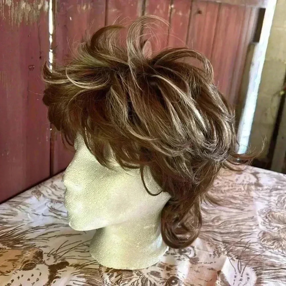 Vintage Wig Layered Mullet Shag Brown & Blonde Frosted Highlights Unisex Costume - Picture 2 of 6